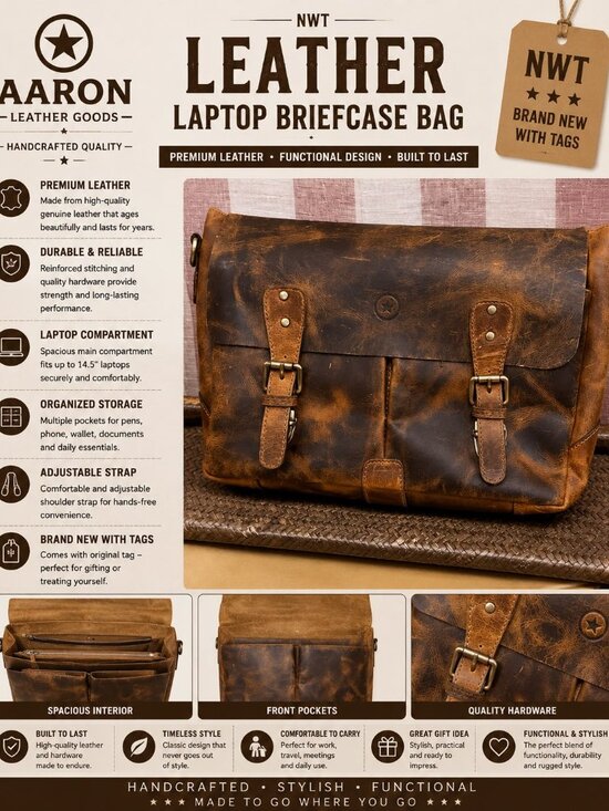 Aaron Leather Goods Handbags - NWT Aaron Leather Goods 14.5" Leather Laptop Briefcase Bag Brown